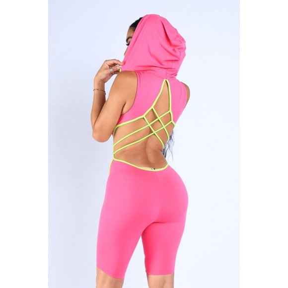 Women's Sleeveless Semi Zip-Up Spaghetti Line Hoodie Romper S M L Fuchsia - Picture 7 of 12